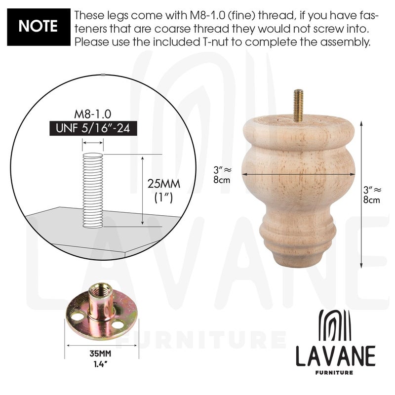 La Vane 3 inch / 8cm Unfinished Wooden Furniture Legs, 4PCS Soild Wood Turned Spindle Replacement Bun Feet with Pre-Drilled M8 Inch Bolt & Mounting Plate for Sofa Couch Chair Ottoman - Image 4